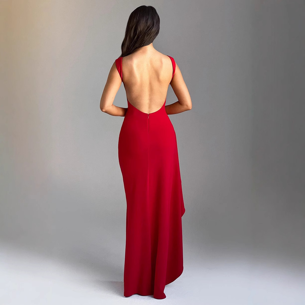2025 Summer New Style Solid Color Round Neck High Slit Sexy Backless Dress Women Slim Fit Long Dress