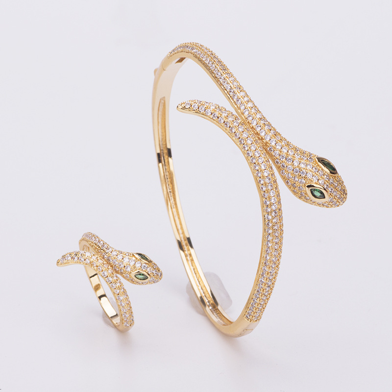 New Snake-Shaped Copper Gold-Plated Inlaid Dia Snake Head Bracelet for Women Personalized Fashion Ring