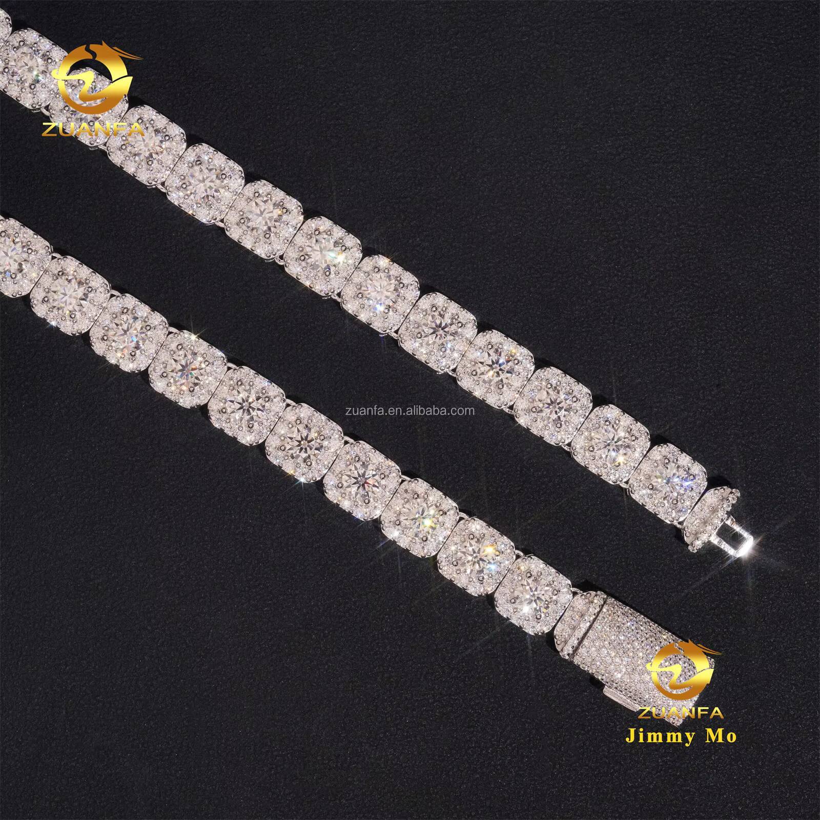New Arrivals 10mm Hip Hop Style Luxury Jewelry Iced Out 925 Solid Silver Rhodium Plated VVS1 Moissanite Cluster Tennis Chain Men