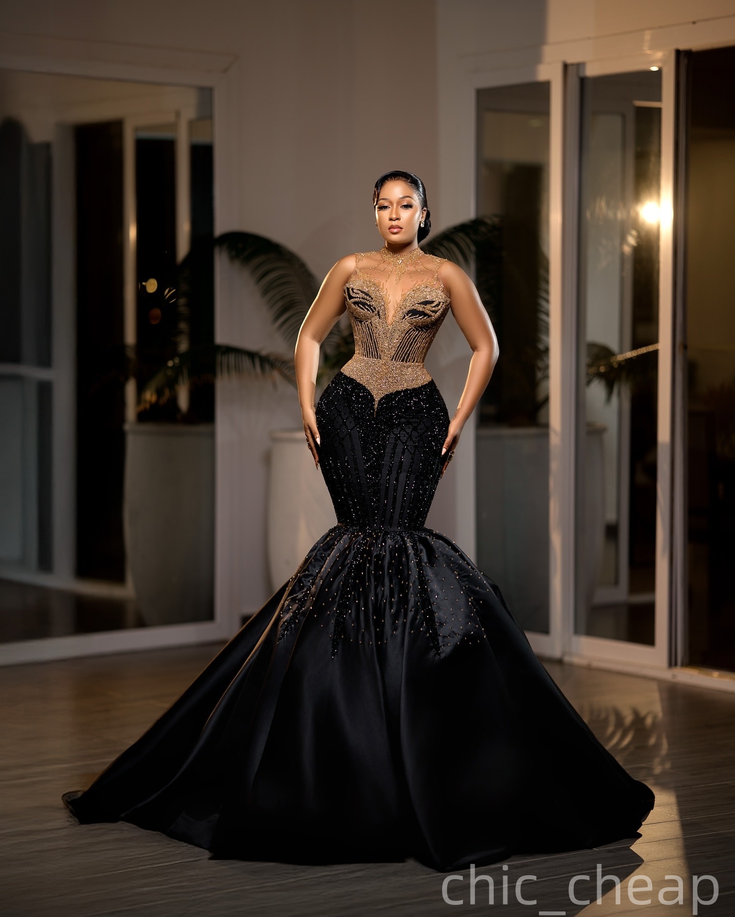 Aso Ebi Mermaid Black Prom Dresses 2025 Beaded Satin Sequined Evening Formal Party Second Birthday Engagement Gowns Plus Size Dress For Special Occasi