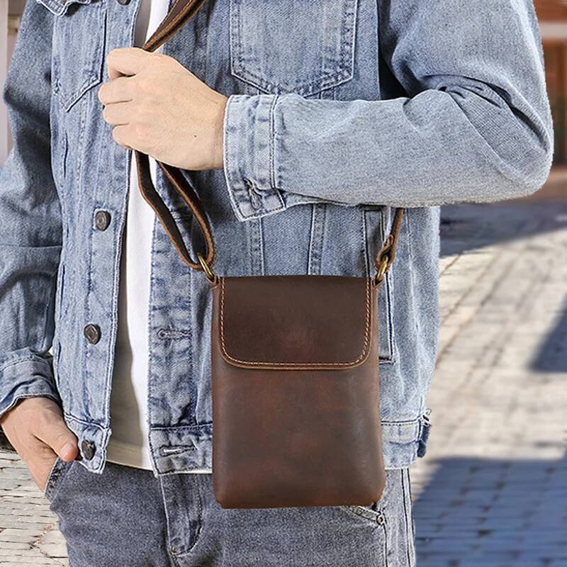 Fashion Genuine Cowhide Leather Shoulder Crossbody Messenger Bags for Men Wholesale Vintage Style with Custom Summer high-quality