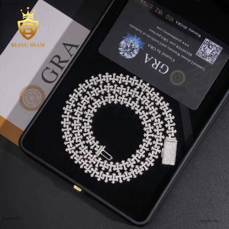 Fashion 8.5mm Cuban Chain Pass Tester VVS Moissanite Cross Necklace Sterling Sier Past Dia Test GRA