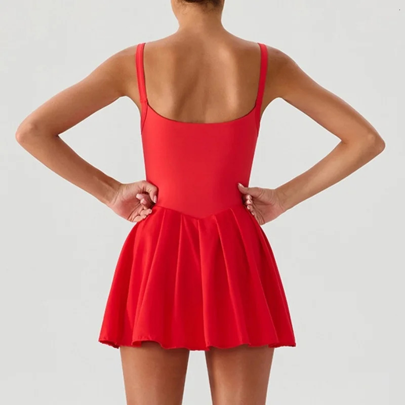 Womens Spaghetti Strap Tennis Dresses Red White Sleeveless Fake Two Piece Dress Gym Running Athletic Golf Yoga Workout Dress 250905