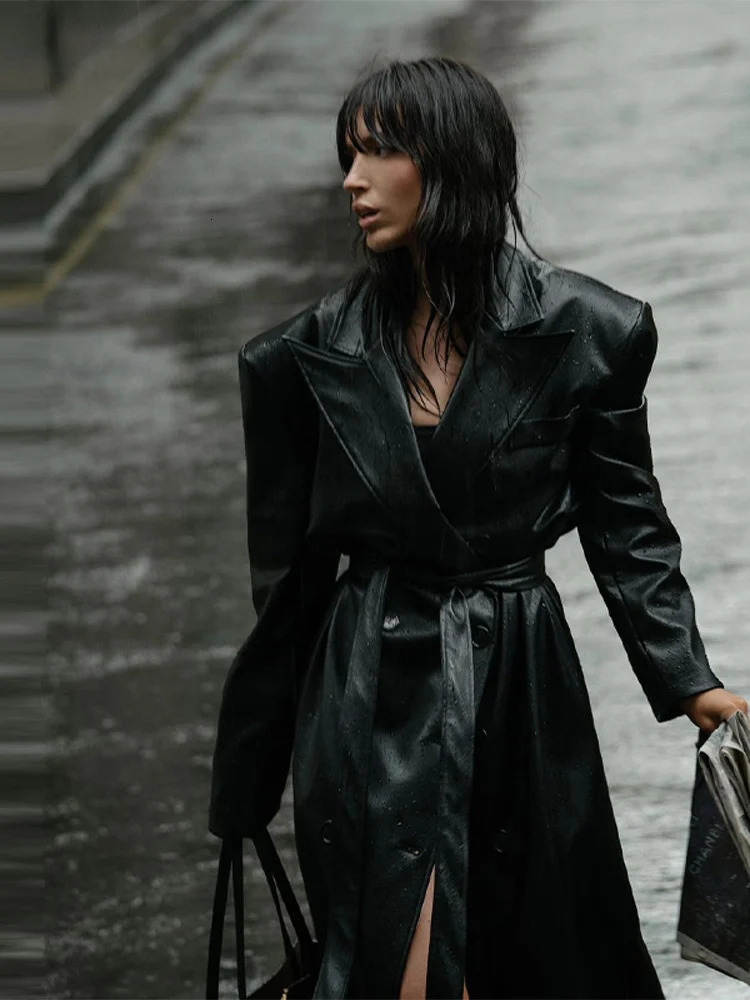 Chic Faux Leather Long Trench Coat For Women Fashion Lapel Full Sleeve Jacket With Belt Lady 2025 Fall Winter Elegant Outerwear 250905