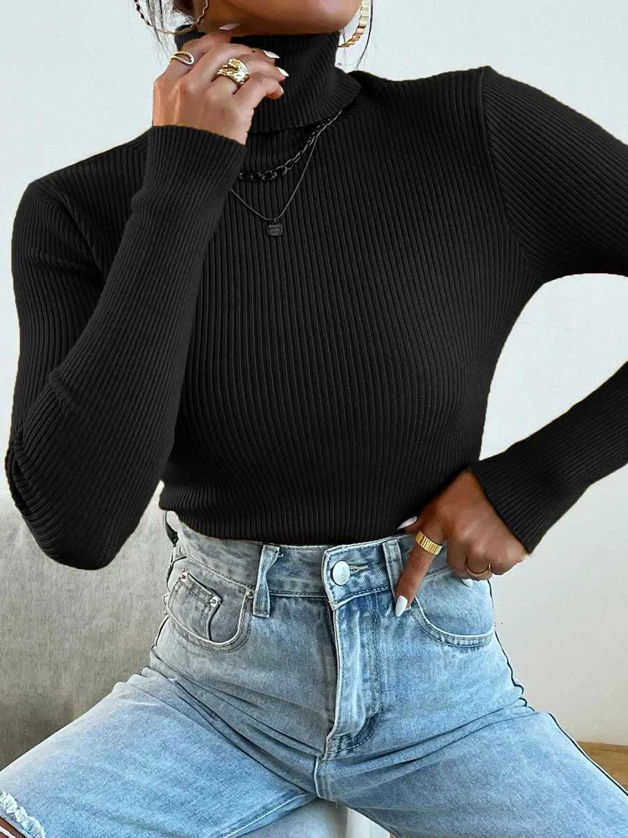 Autumn Winter Women Knit Solid Turtleneck Pull Sweater Casual Rib Jumper Tops Female Home Pullover Y2K Clothing 2025 Z250905