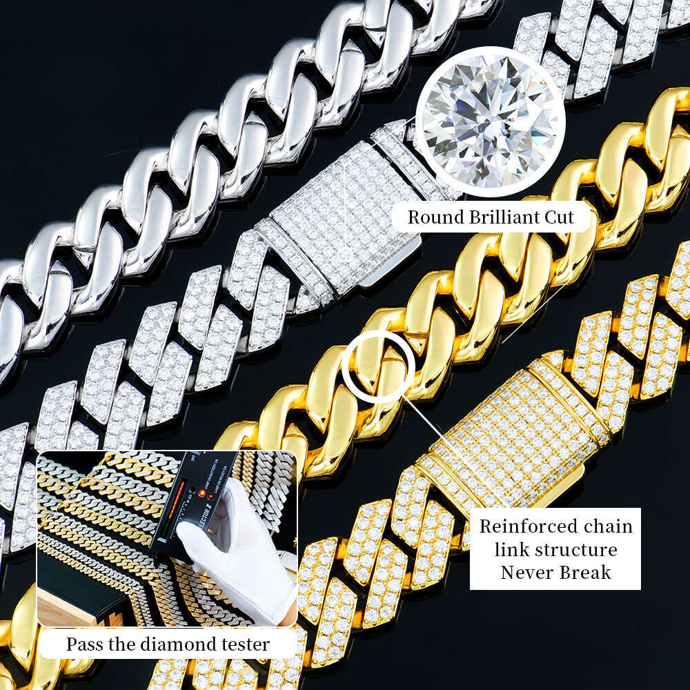 Men's Sterling Sier Hip Hop Jewelry Vvs Iced Necklace 8-20mm Gra Certified Mossanite Moissanite Dia Cuban Link Chain