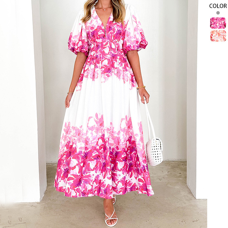 2025 New Spring Summer Puff Sleeve Vneck Womens Dress with Printed Fairy Style Midlength Elegant Flared Dress