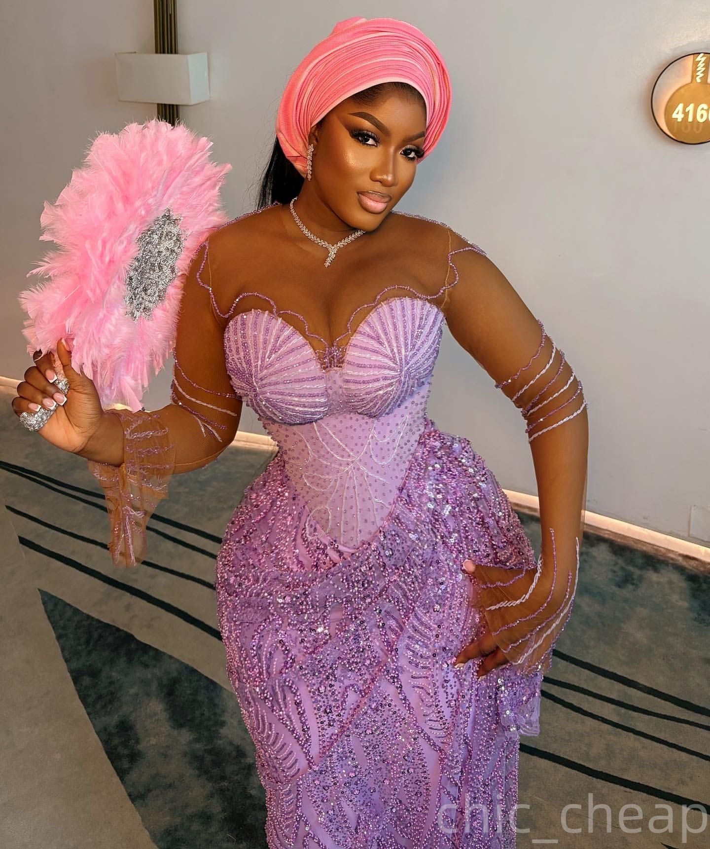 Aso Ebi Lilac Sheath Prom Dresses 2025 Beaded Sequined Sheer Neck African Evening Formal Party Second Birthday Engagement Dress Gowns robe de mariee