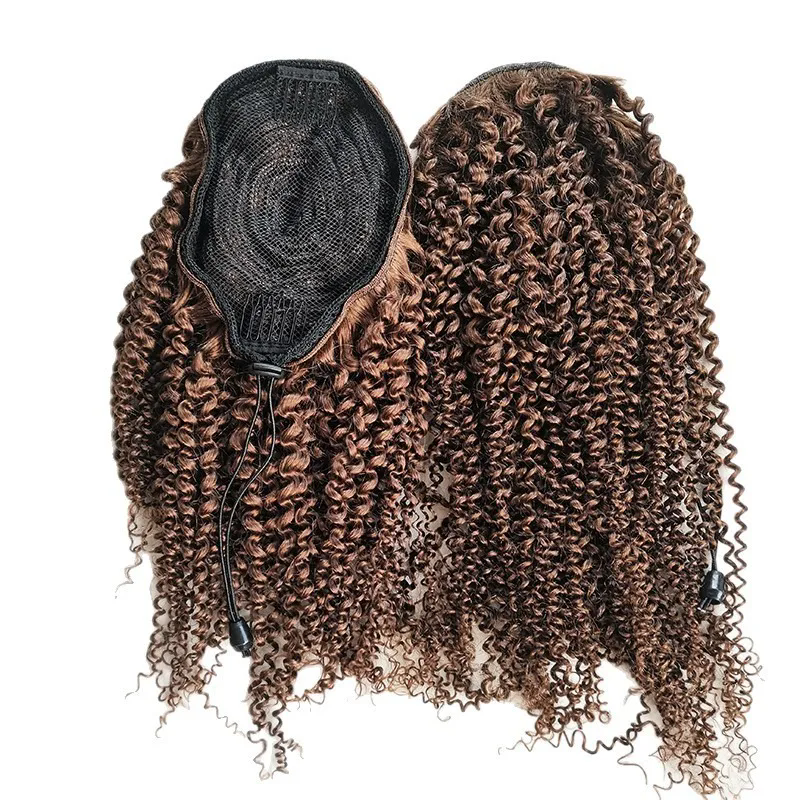 Brown Human Hair Afro Kinky Curly Drawstring Ponytail 4#Color Natural Look High Quality Lightweight Comfortable Durable Stylish