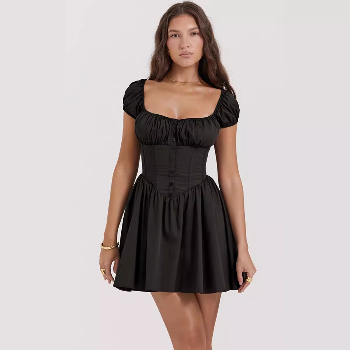 Spring Summer New Sweet and Spicy Womens Fashion Slim Fit Hot Girl Mini Dress Puff Sleeve Square Neck Dress Women 2024