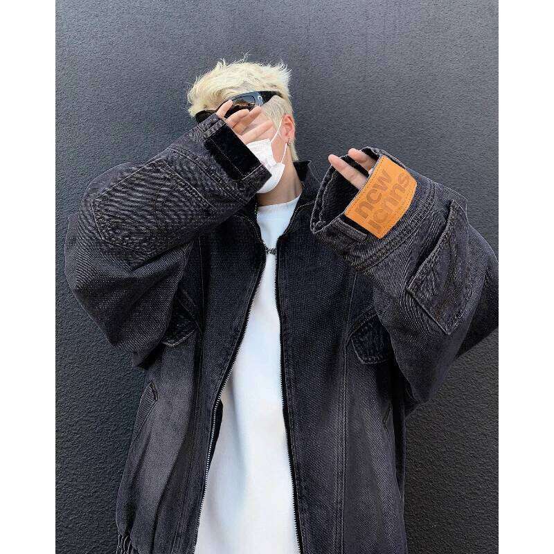 Retro Inverted Label Denim Jacket Mens Autumn Heavy Weight Washed Tooling Cowboy Coats Multi Pocket Stand Collar Hip Hop Outwear