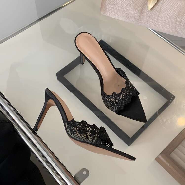 35-42 Plus Size Elegant Champagne Lace Embroidered Pointed High Heels Feminine Peep Stiletto Open Toe Slip-On Sandals