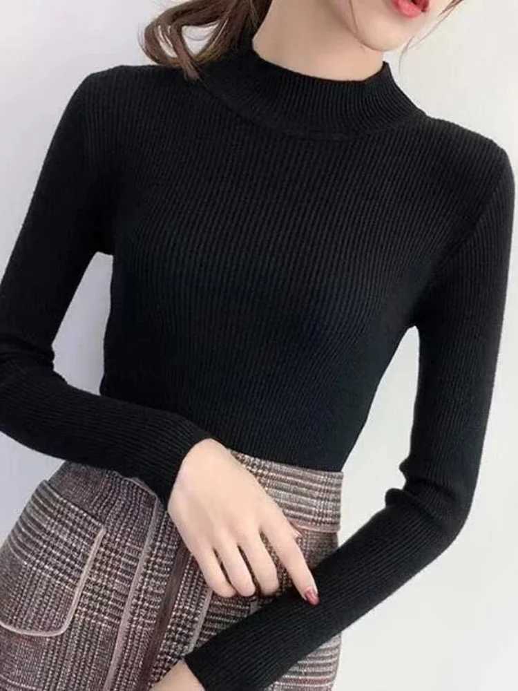 Autumn Winter Mock Neck Women Sweater Vintage Basic Solid Knitted Tops Casual Slim Pullover Korean Sweaters Simple Chic Jumpers Z250905
