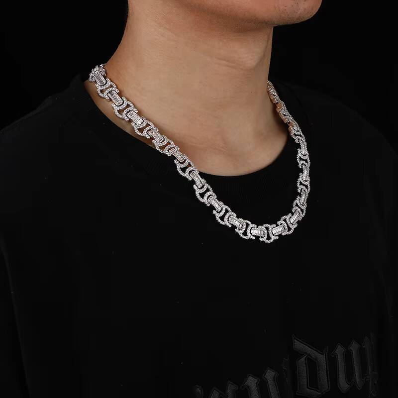 Gold Rhodium Plated Mens Micro Paved 5A Moissanite Diamond Byzantine Gold Chain Link Necklace Men Luxury
