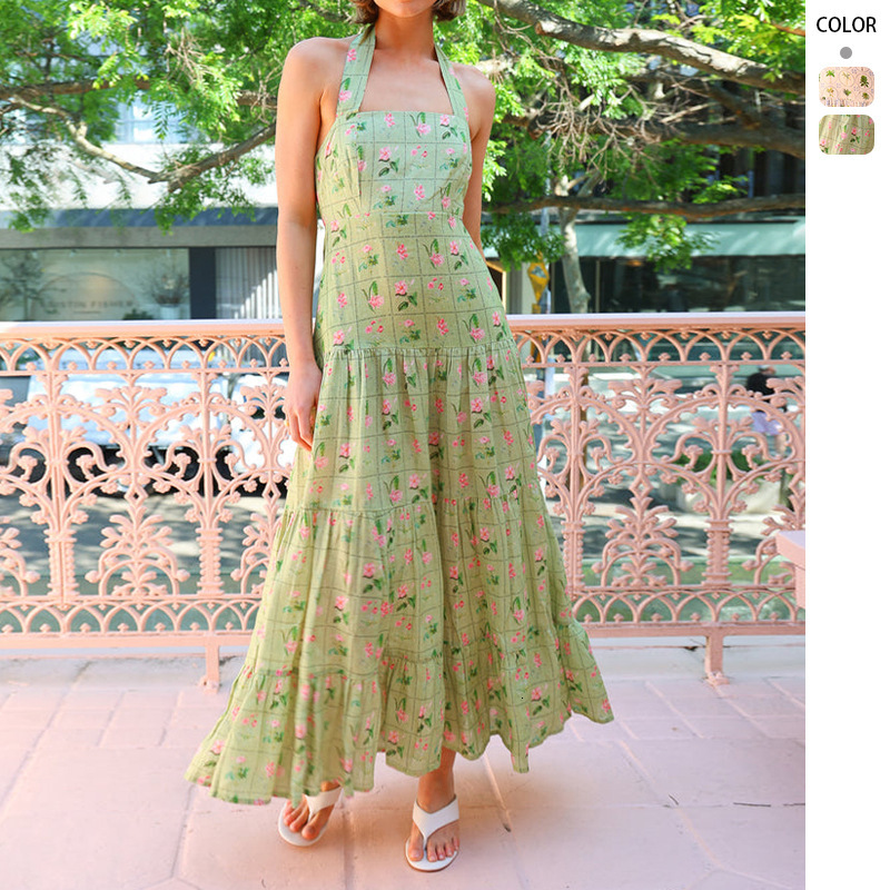 2025 Sweet Temperament Printed Sleeveless Halter Dress Feminine Large Backless Aline Long Dress