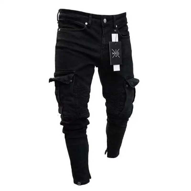 Street Elastic Jeans Men Denim Cargo Pants Wash Solid Color Multi Pockets Casual Mid Waist Trousers Slim Fit Daily Wear Joggers W250905