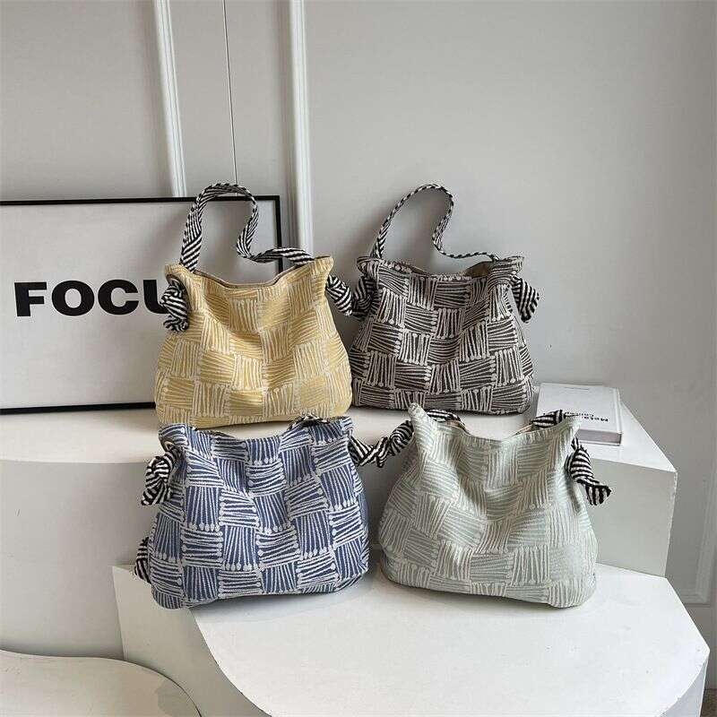 Underarm Forest Style Canvas Trendy Striped Shoulder Office Commute Large Capacity Women's Shopping Bag