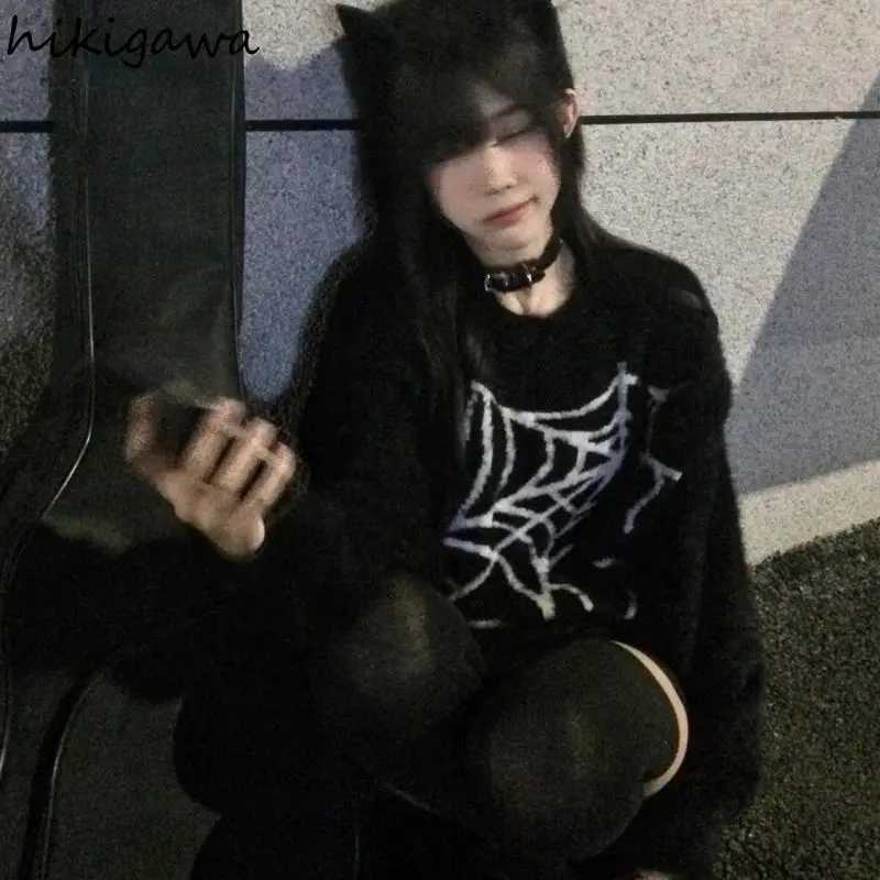 Korean Pullovers Women Clothing Streetwear Spider Web Jacquard Harajuku Jumper Pull Femme Chic Casual Knitted Oversized Sweater Z250905