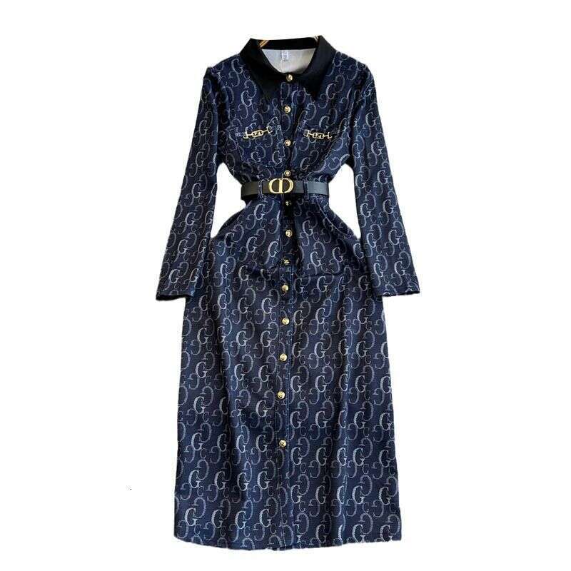 Spring And Autumn High-End Socialite Elegant Long-Sleeve Turn-Down Collar Elegant Waist-Cinching Mid-Length A-Line Letter Print Shirt Dress