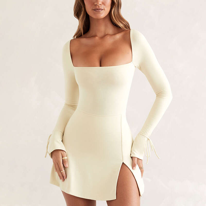 Women's INS Autumn Winter New Fashion U-Neck Long Sleeve Solid Color Slim High Waist Slit Dress