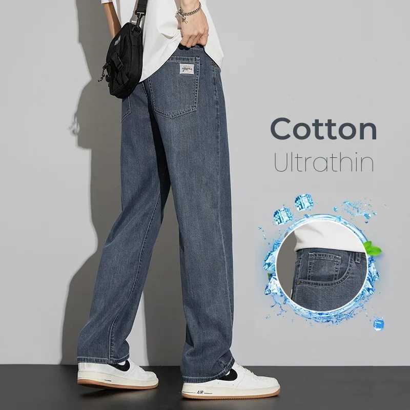 2025 New Lyocell Summer Thin Business Male Pants Jeans Mens High Waist Loose Comfortable Straight Elastic Denim Trousers W250905
