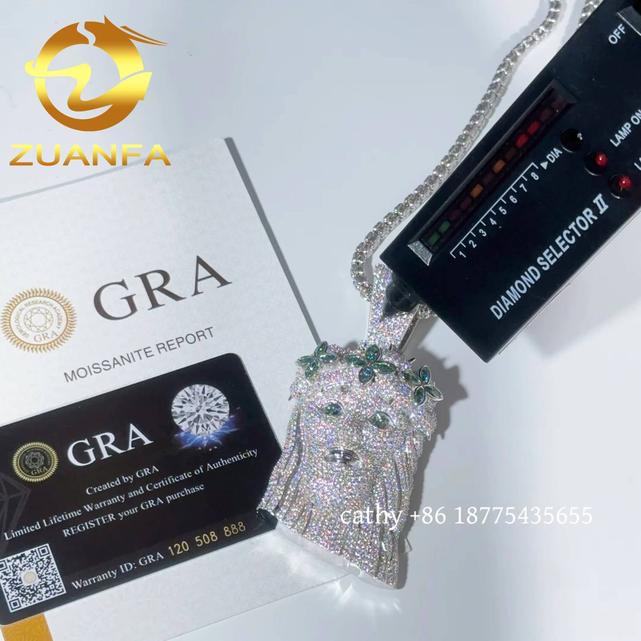 Fashion Jewelry Blue Green Moissanite Diamond Jesus Head Iced Out Custom Pendant 925 Silver Moissanite Hip Hop Head Pendant