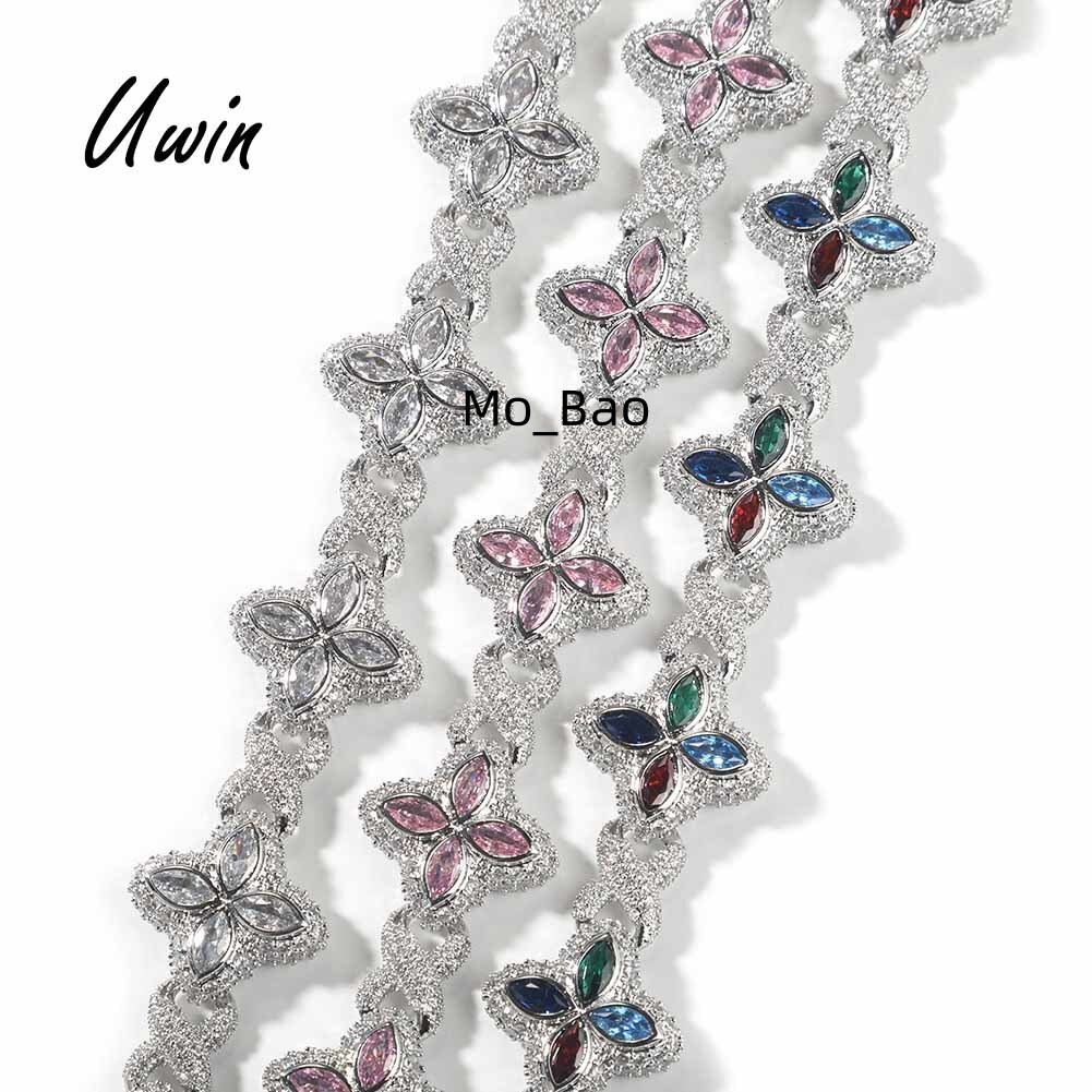 UWIN New Arrival Hip Hop Pink CZ Clover Bracelet CZ Iced Out Flower Diamond with Infinite Chain Bracelet for Men Women