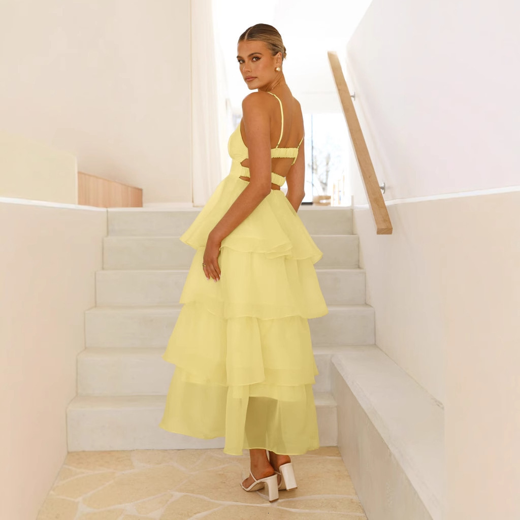 2025 Sexy Backless Strap Cake Ruffle Tie Fashion Evening Dress Slim Fit Dress for Women