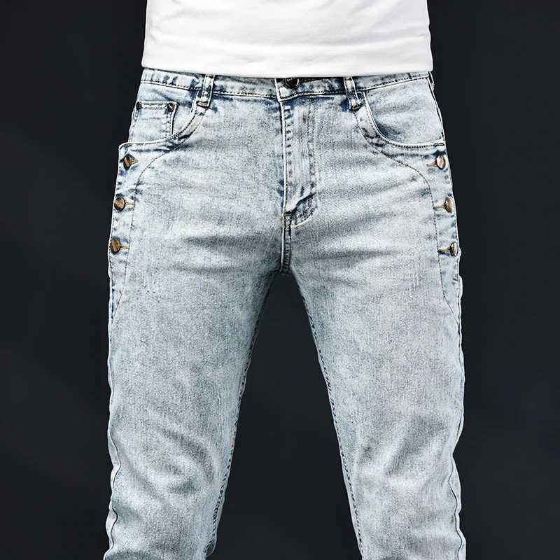 Slim Skinny Jeans Men New Elastic Korean Design Fashion MultiButton Blue White Vintage Wash Cotton Stretch Denim Pants Trousers W250905