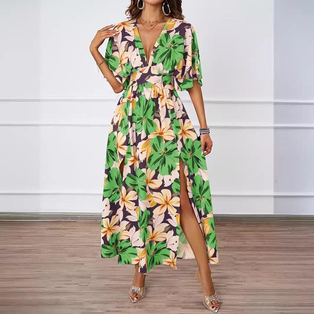 Summer New Floral Print Long Dress Elastic Waist VNeck Short Sleeve Dress for Women