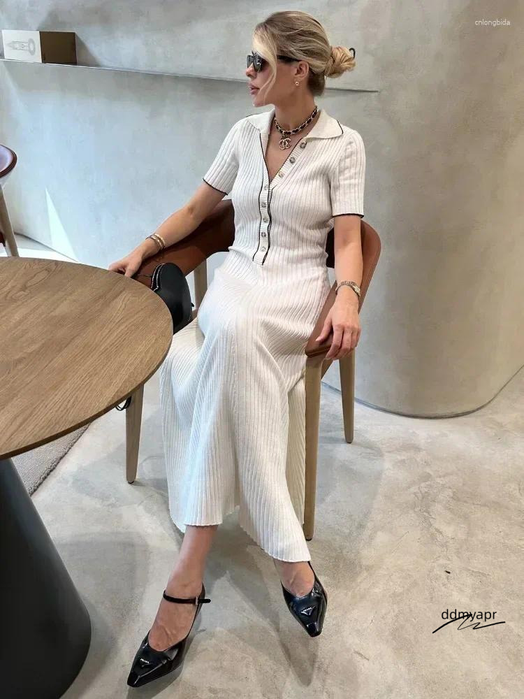 Casual Dresses White Knit Maxi ddmyday Dress For Women Short Sleeve Patchwork Elegant Party Lapel High Waist Knitwear Women's ddmyday ddmyday ddm
