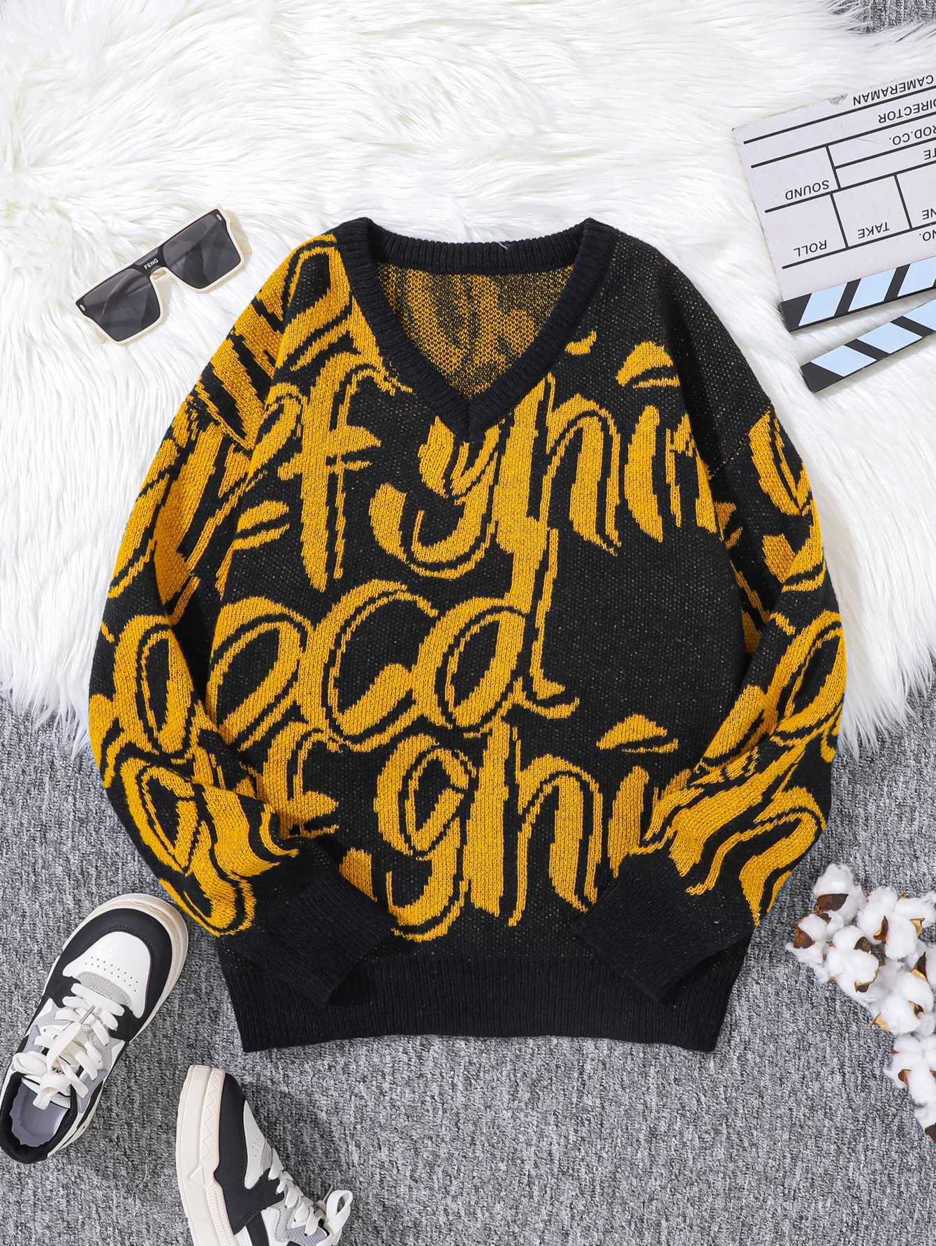 New Popular Spring Fall V Neck Letter Jacquard Pattern Pullover Sweater Casual Contrast Color Knitted Mens Pullover Z250905