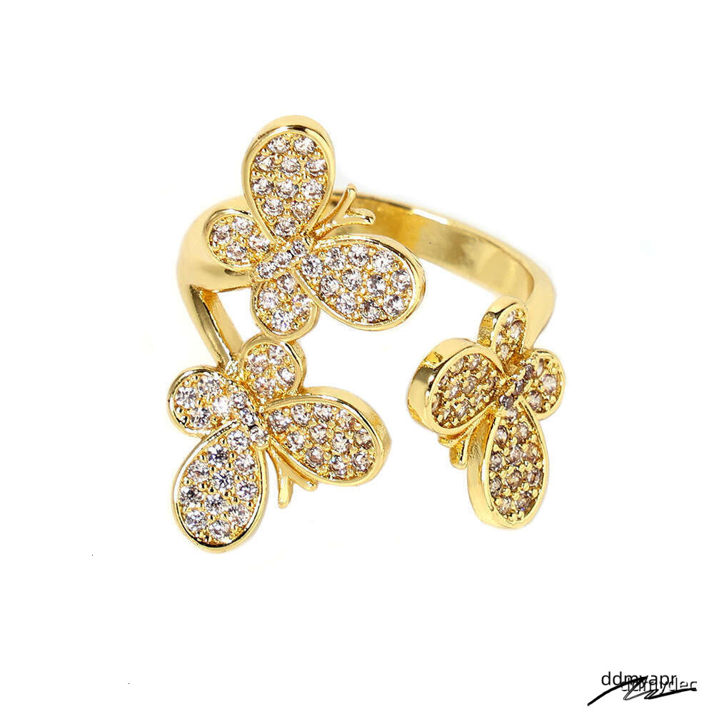 Gold Plated Butterfly - Open Adjustable CZ Flower Ring For Women ddmydec | Dainty Bohemian Stackable Jewelry (Size 7) ddmydec