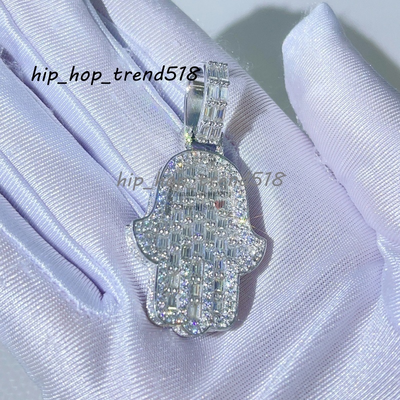 Gra Certificated Baguette Cut Hip Hop Fit for 4MM Tennis Chain Silver 925 Moissanite Hamsa Pendant