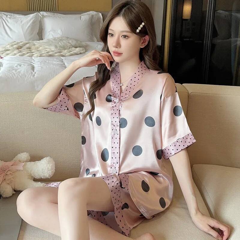 2025 sexy sleepwear for women in plus size short sleeved ice silk casual wear, V-neck fashionable printed women's summer sleepwear, home design w