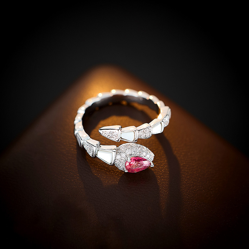 Snake Year High-end Luxury Micro-inlaid Zircon Natural Mother-of-Pearl Snake-shaped for Women, Elegant Gold and Silver Two-tone Open Finger Ring
