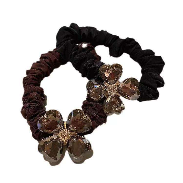 DHpet 2025 Korean Clover Rhinestone Hair Loop High Elastic Ponytail Hair Rope Simple Bun Hair Ring Fashion OL Versatile Hair Accessory Black/Brown