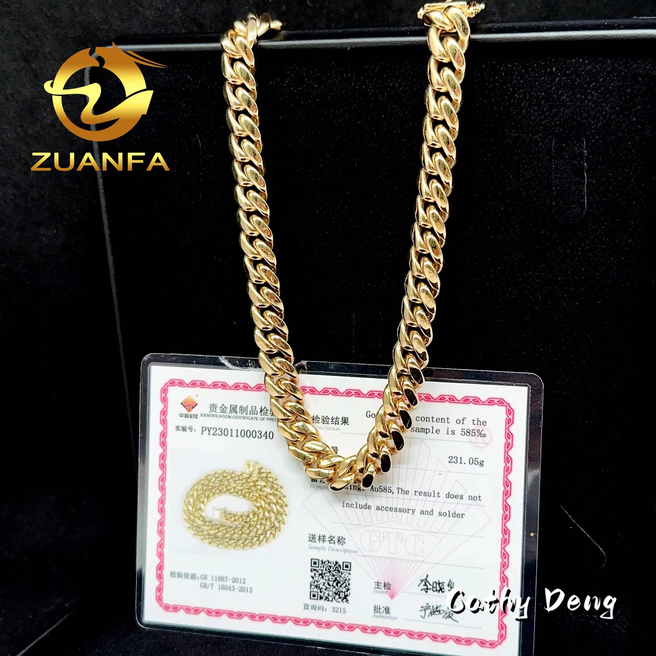 Luxury 14k Solid Gold Cuban Chain 12mm AU585 Gold Hip Hop Jewelry Rapper Miami Cuban Link Chain Necklace for Men