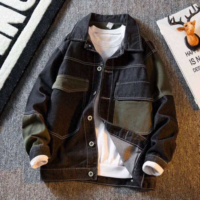 Denim Jackets Man Gray Splicing Autumn Cowboy Coat for Men in Lowest Price Trendy Size L Korean Popular Clothes Worn Outwear Y2k
