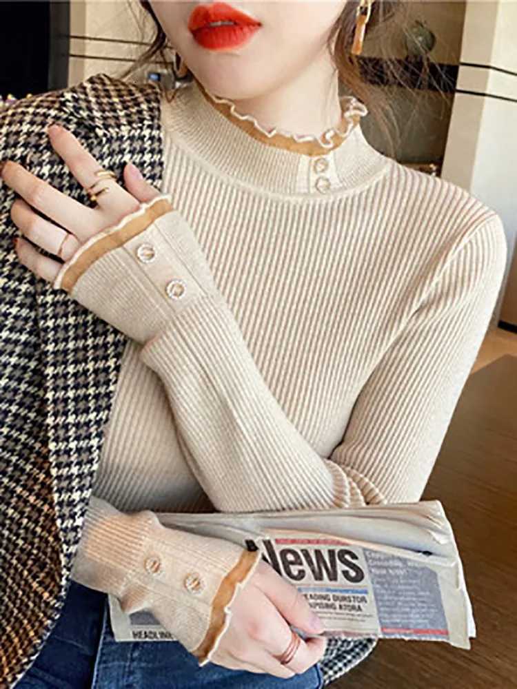 2025 Knitted Women Sweater Oneck Button Pullovers Spring Autumn Basic Sweaters for Female Pullover Slim Solid Bold Lace Tops Z250905