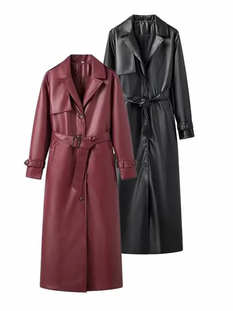 Chic Faux Leather Long Trench Coat For Women Fashion Lapel Full Sleeve Jacket With Belt Lady 2025 Fall Winter Elegant Outerwear 250905