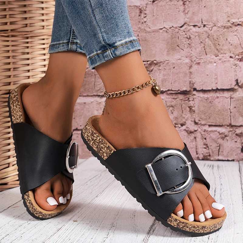 Womens simple solid color buckle cover for wearing flat heeled straight slippers W250905