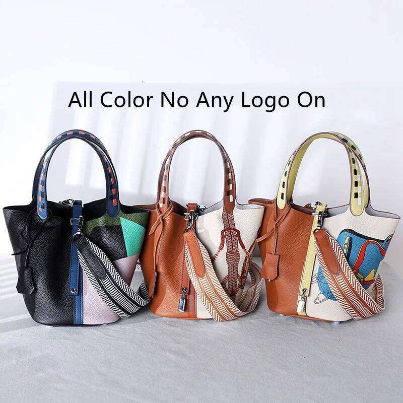 Various Genuine Leather Fashion Women's Handbag Vegetable Basket Style Portable Women Bucket Bag with Lock