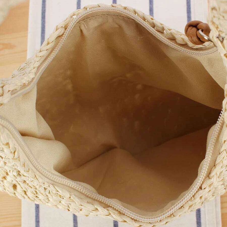 Bohemia Handwoven Straw Rattan Half-Moon Beach Handbag Large Capacity Women Summer Hollow Out Commuting Zip Shoulder Bag Bolsa