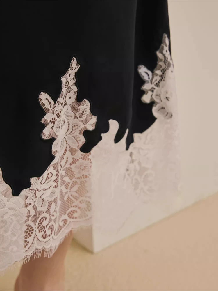 Summer Lace Patchwork Satin Midi Skirt HighQuality Elegant for Women Daily Office Vacation Wear 250905