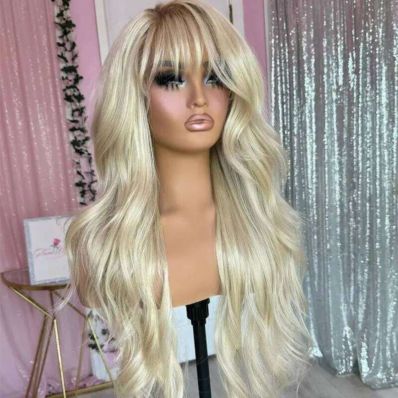 Ombre Icy Blonde Loose Wave HD Transparent Lace Front With Bangs Realistic Hairline Wig For Women High Density Daily/Cosplay