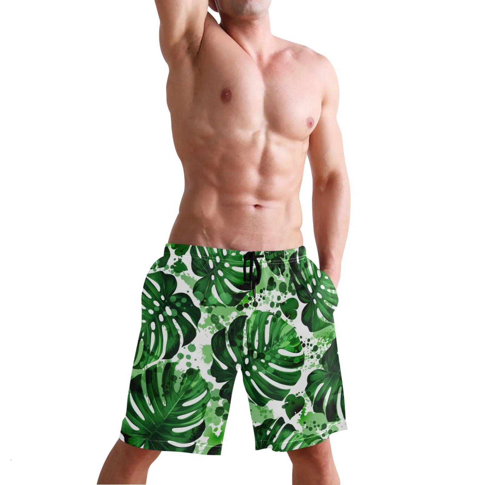 2025 Men's Summer Beach Shorts Tropical Palm Leaves Print With Pockets Casual BoardShorts Vacation Holiday Beachwear Masculina