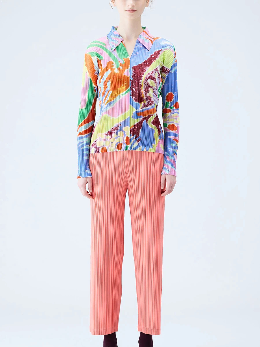 Miyake Pleated Printed Long Sleeve Polo Shirt 250905