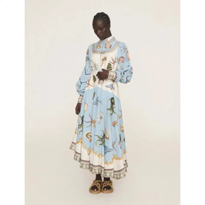 Women Vintage Floral Printed Shirt Collar Dresses Puff Sleeve Single Breasted Spring Summer Long A Line Female Elegant Vestidos 250904