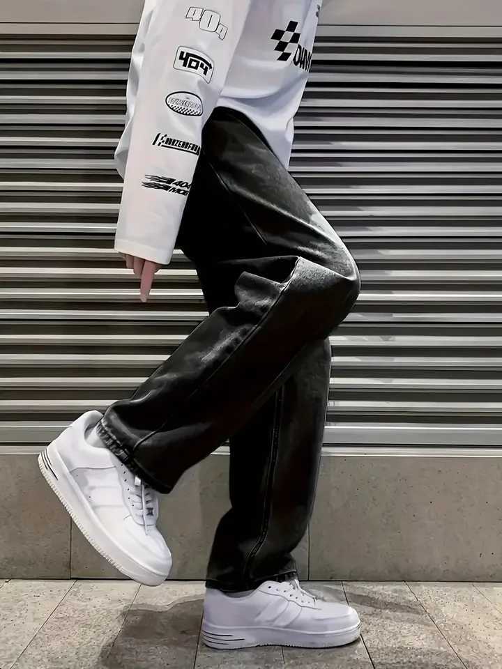 Mens Loose Fit Straight Leg Jeans 65 Cotton 35 Polyester Blend Dark Gray Casual Washed Jeans 390gsm Heavyweight Fabric A W250905